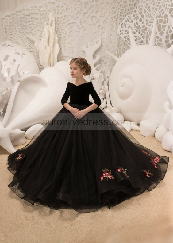 Black Velvet Tulle Embroidery Flower Girl Dress 